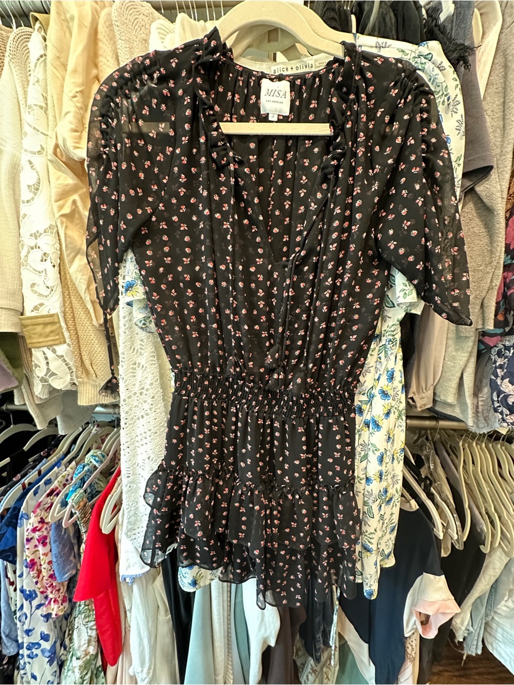 Misa Los Angeles Black Mini Dress with Pink Floral Print